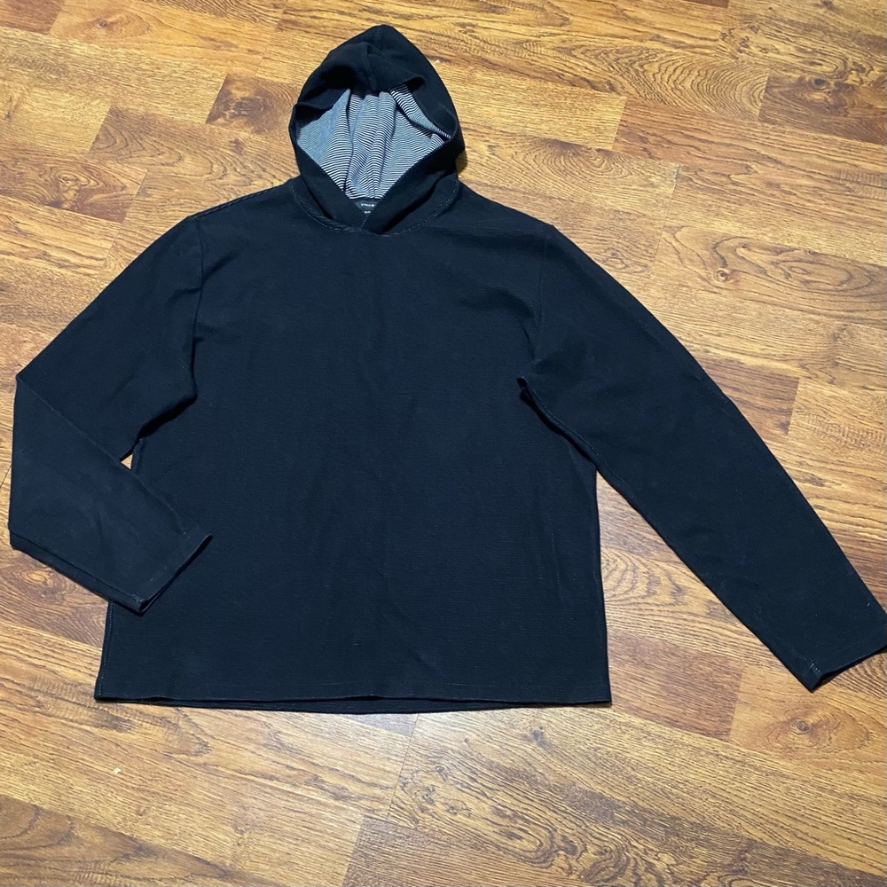 Vince Double Layer Hooded LS Sweatshirt Mens Sz XL Black Textured Stripe Luxury